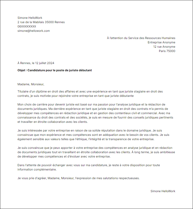 Exemple lettre de motivation en tant que Juriste debutant