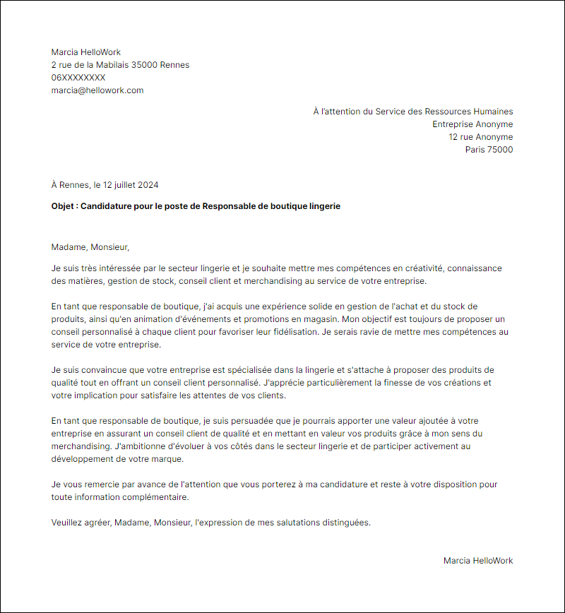 Modèle lettre de motivation pour le secteur Lingerie Exemple lettre de motivation pour le secteur Lingerie
