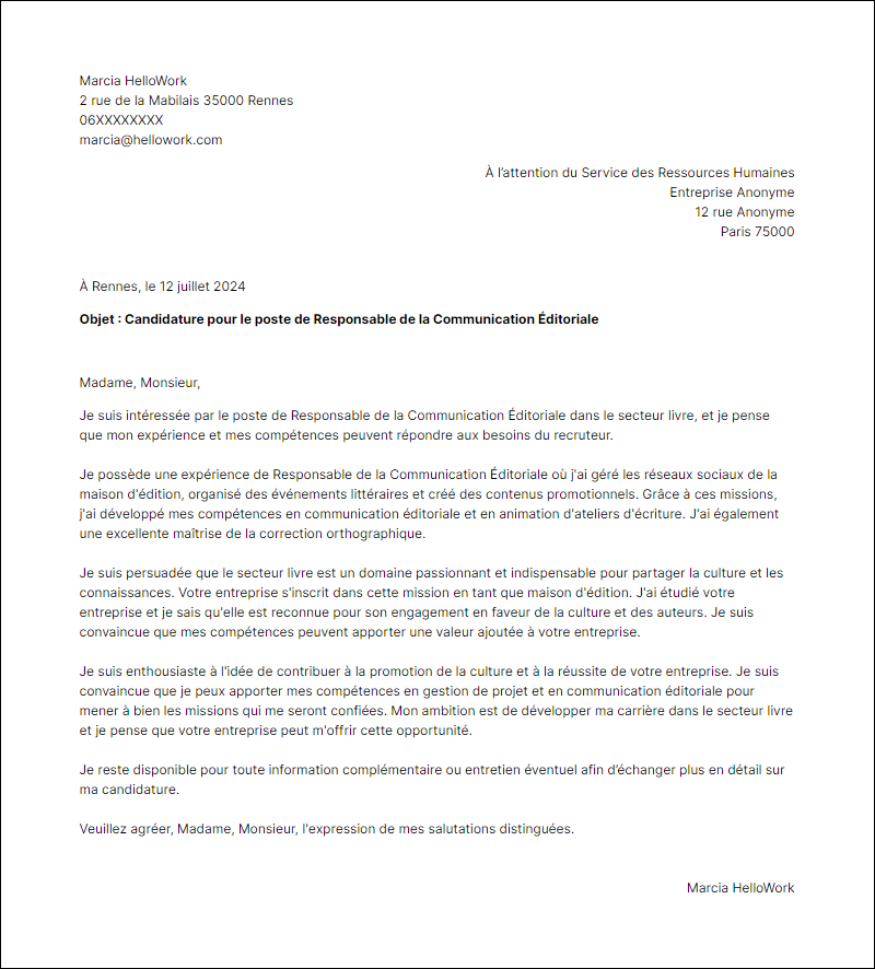 Modèle lettre de motivation pour le secteur Livre Exemple lettre de motivation pour le secteur Livre