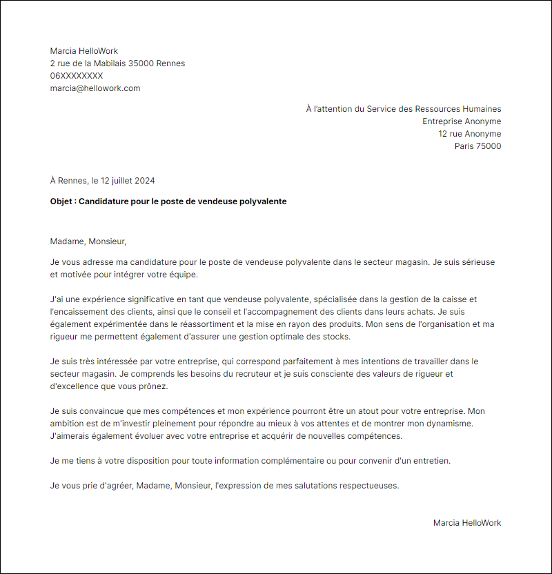 Modèle lettre de motivation pour le secteur Magasin Exemple lettre de motivation pour le secteur Magasin