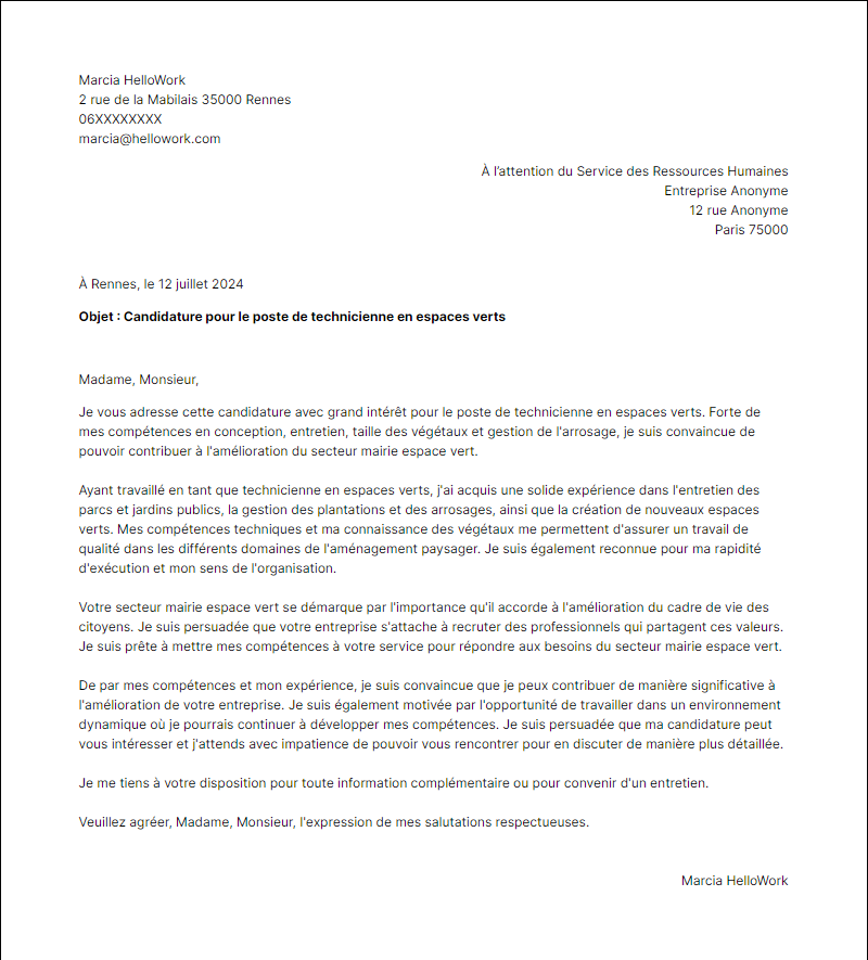Exemple lettre de motivation pour le secteur Mairie Espace Vert