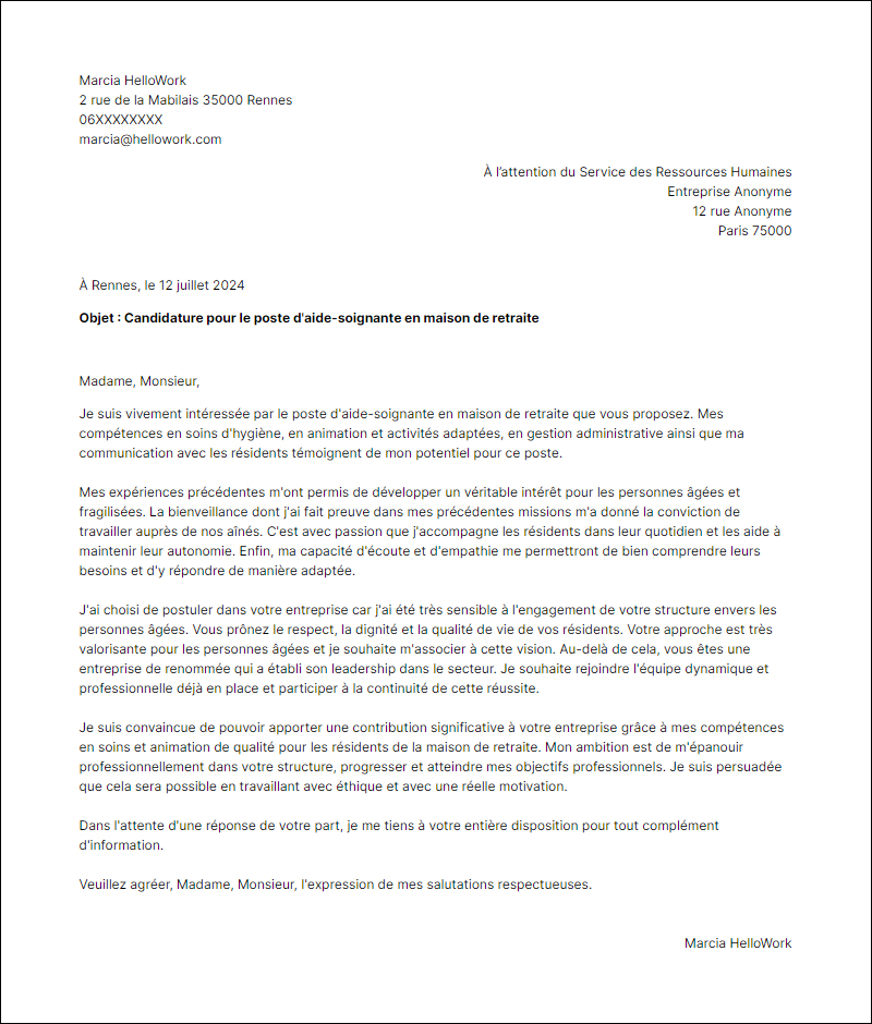 Modèle lettre de motivation pour le secteur Maison retraite Exemple lettre de motivation pour le secteur Maison retraite