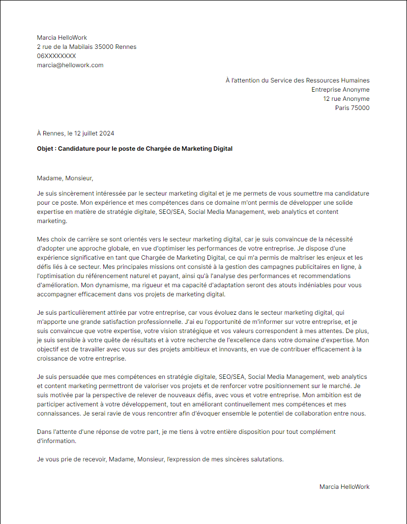 Exemple lettre de motivation pour le secteur Marketing digital