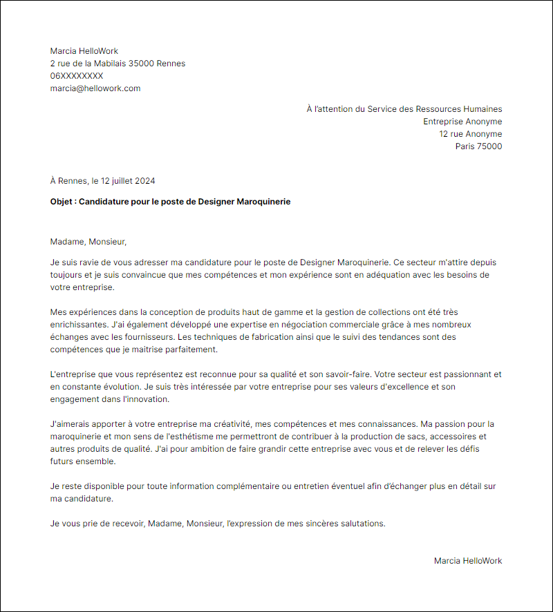 Modèle lettre de motivation pour le secteur Maroquinerie Exemple lettre de motivation pour le secteur Maroquinerie