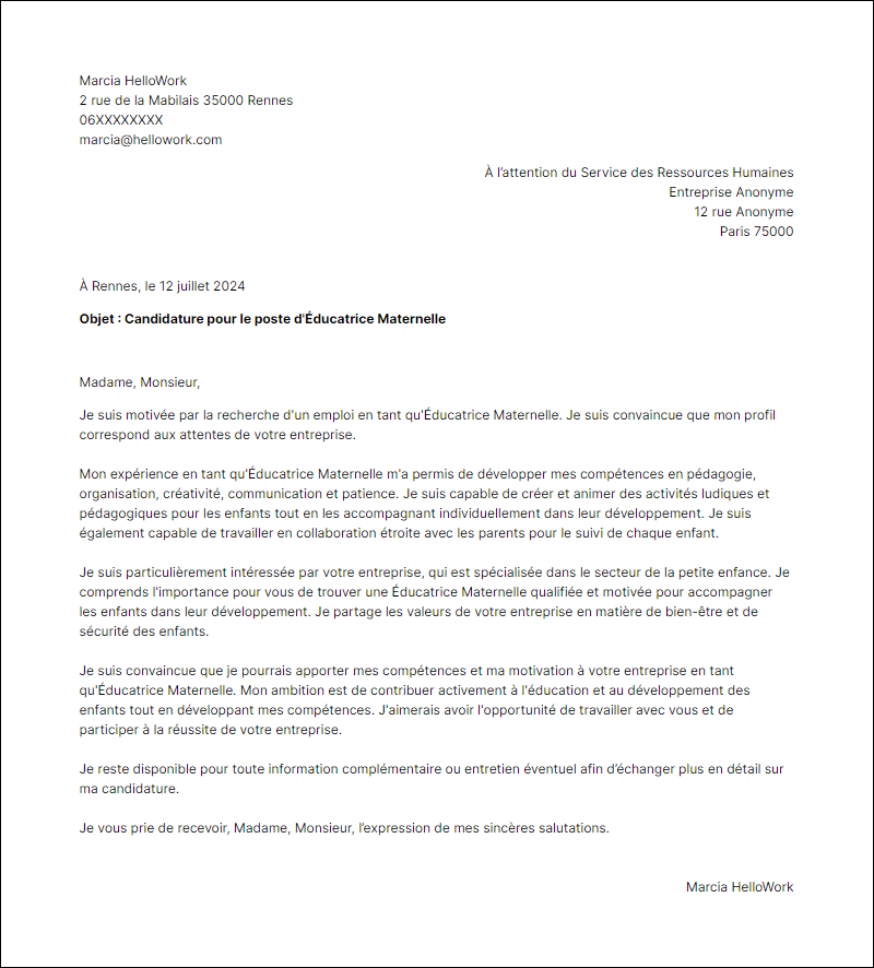 Modèle lettre de motivation pour le secteur Maternelle Exemple lettre de motivation pour le secteur Maternelle