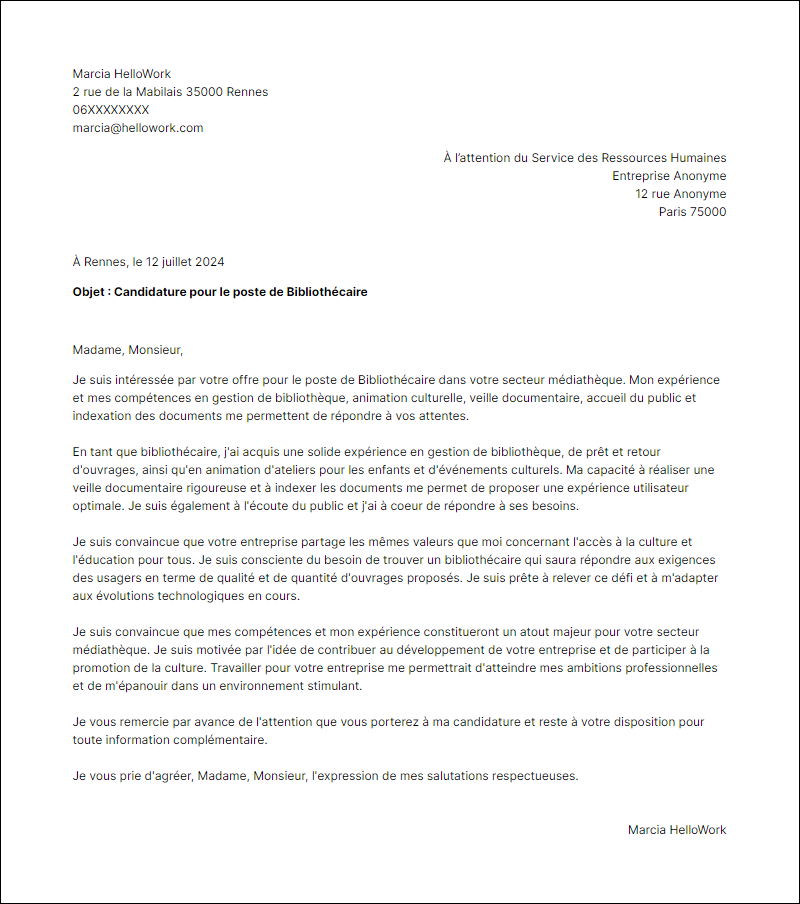 Modèle lettre de motivation pour le secteur Médiathèque Exemple lettre de motivation pour le secteur Médiathèque