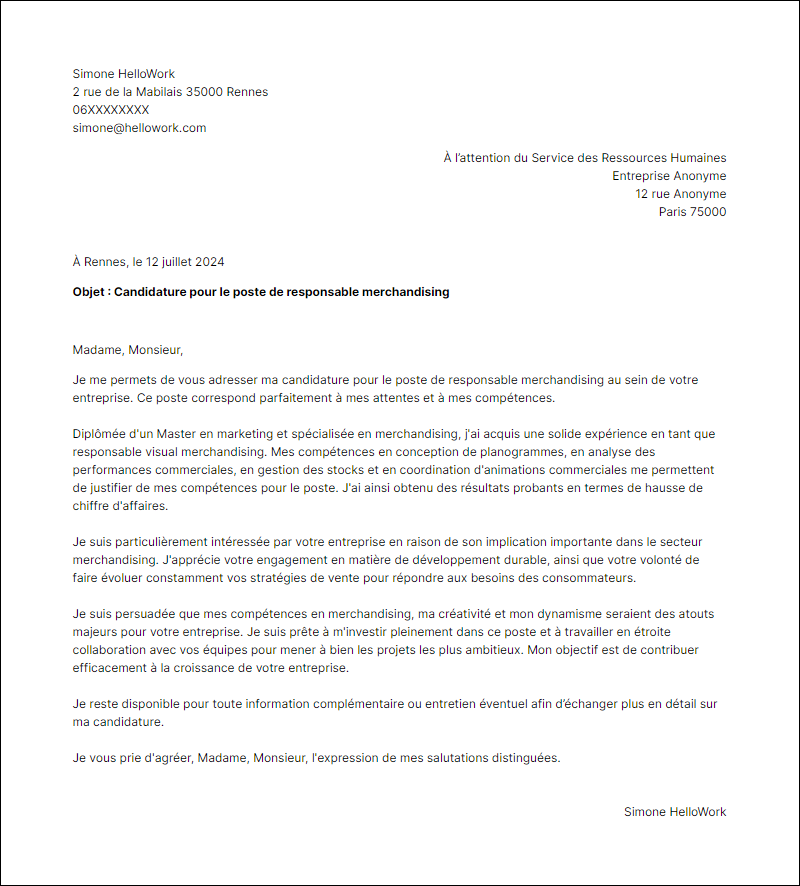 Modèle lettre de motivation pour le secteur Merchandising Exemple lettre de motivation pour le secteur Merchandising