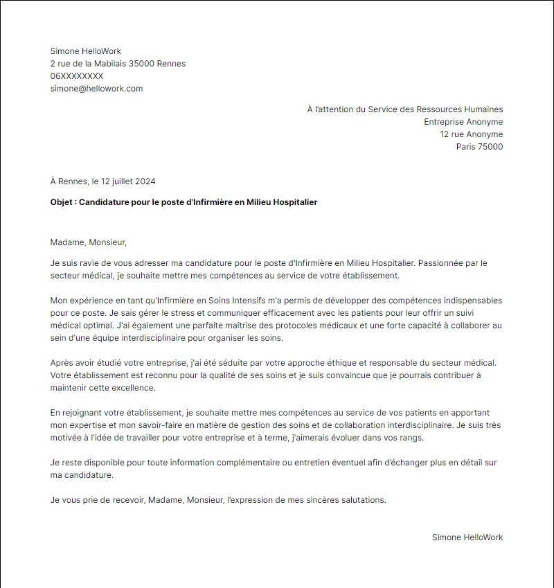 Modèle lettre de motivation pour le secteur Milieu Hospitalier Exemple lettre de motivation pour le secteur Milieu Hospitalier