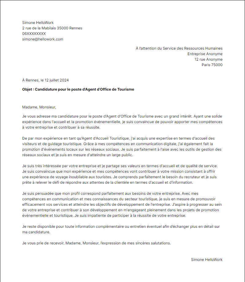 Modèle lettre de motivation pour le secteur Office de tourisme Exemple lettre de motivation pour le secteur Office de tourisme