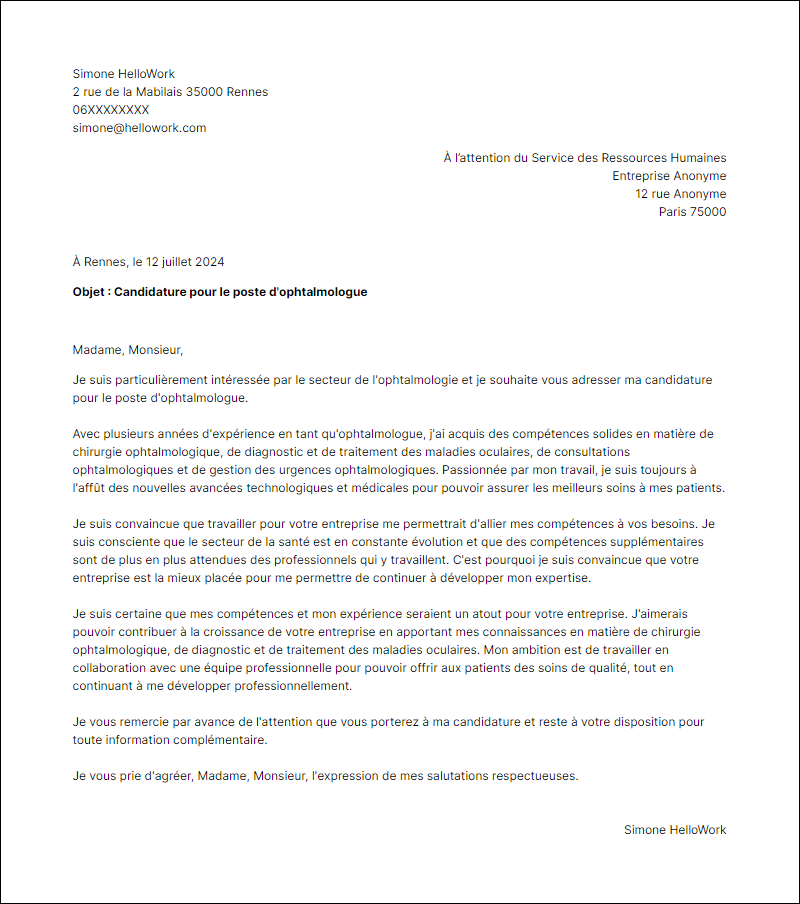 Exemple lettre de motivation pour le secteur Ophtalmologie
