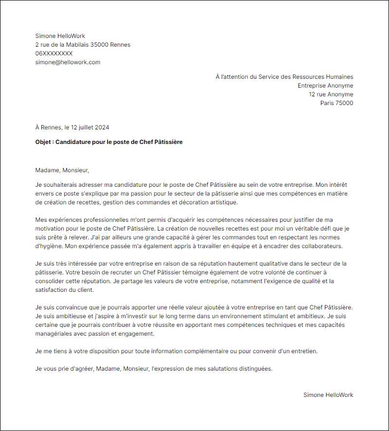 Modèle lettre de motivation pour le secteur Patisserie Exemple lettre de motivation pour le secteur Patisserie