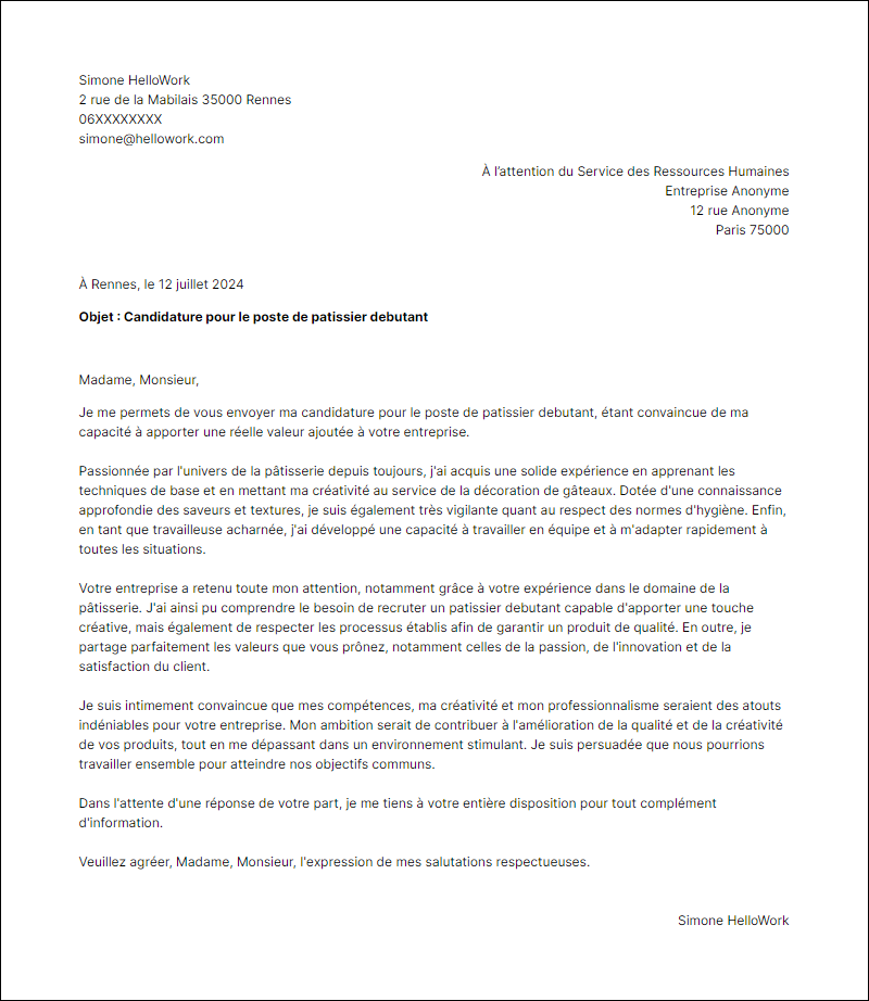 Modèle lettre de motivation en tant que Patissier Debutant Exemple lettre de motivation en tant que Patissier Debutant