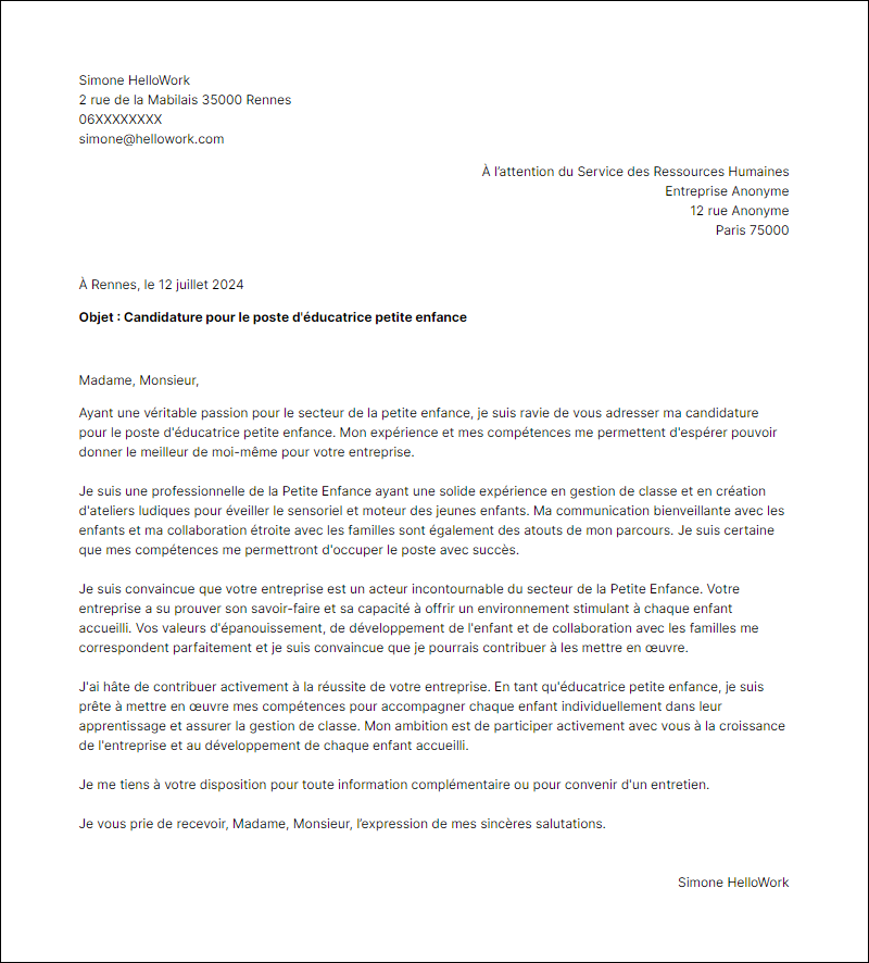 Modèle lettre de motivation pour le secteur Petite enfance Exemple lettre de motivation pour le secteur Petite enfance
