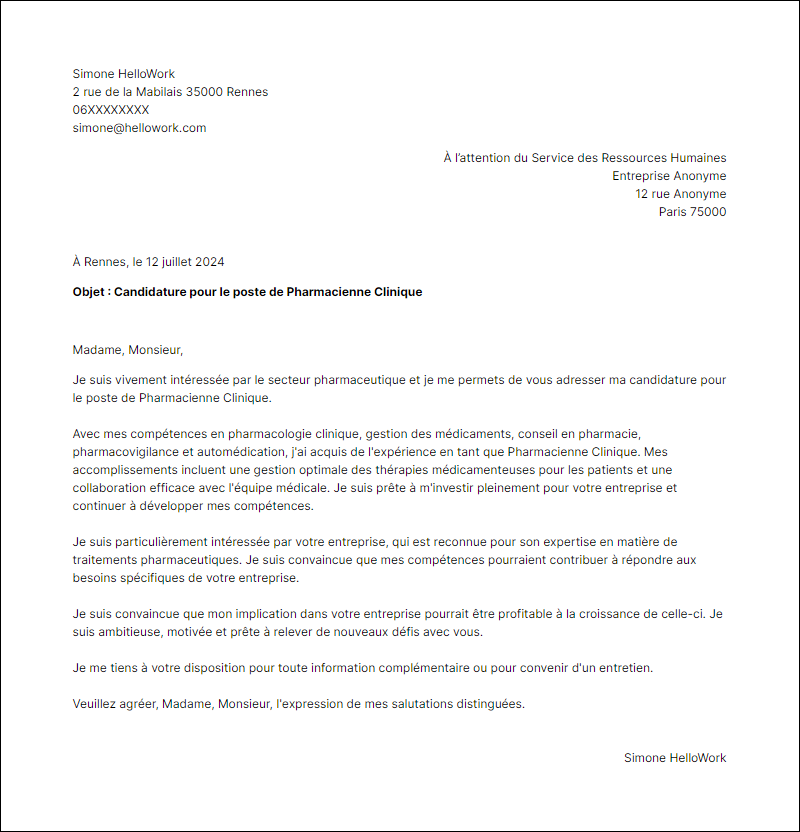 Exemple lettre de motivation pour le secteur Pharmacie