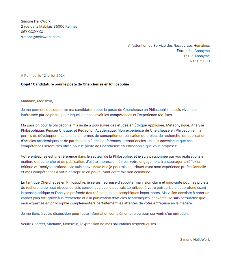 Modèle lettre de motivation pour le secteur Philosophie Exemple lettre de motivation pour le secteur Philosophie