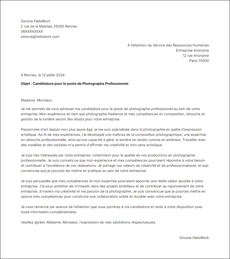 Modèle lettre de motivation pour le secteur Photographie Exemple lettre de motivation pour le secteur Photographie