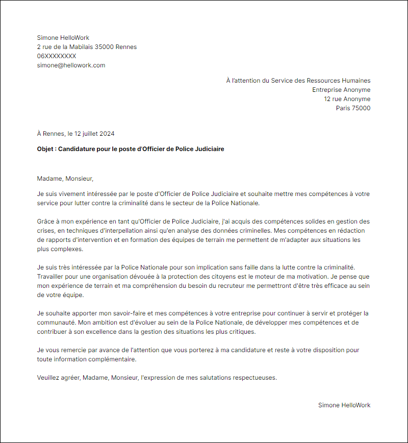 Modèle lettre de motivation pour le secteur Police Nationale Exemple lettre de motivation pour le secteur Police Nationale