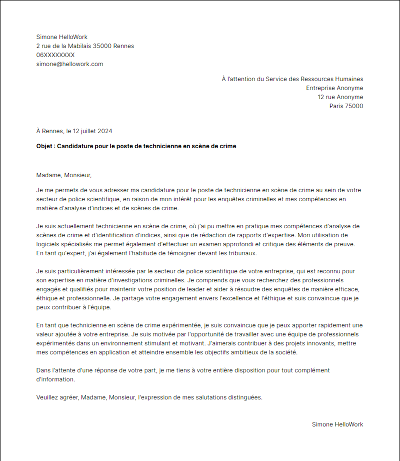 Exemple lettre de motivation pour le secteur Police Scientifique