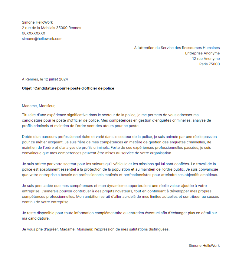 Exemple lettre de motivation pour le secteur Police
