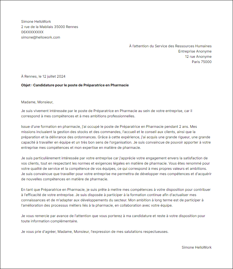 Modèle lettre de motivation en tant que Preparatrice Pharmacie Exemple lettre de motivation en tant que Preparatrice Pharmacie