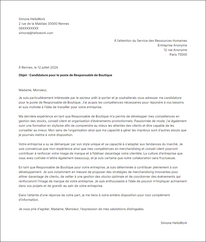 Exemple lettre de motivation pour le secteur Prêt à porter