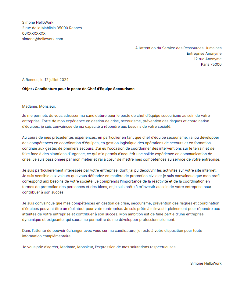 Exemple lettre de motivation pour le secteur Protection civile