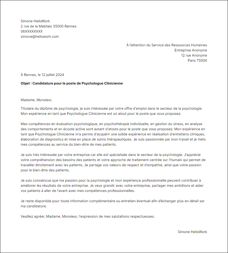 Modèle lettre de motivation pour le secteur Psychologie Exemple lettre de motivation pour le secteur Psychologie