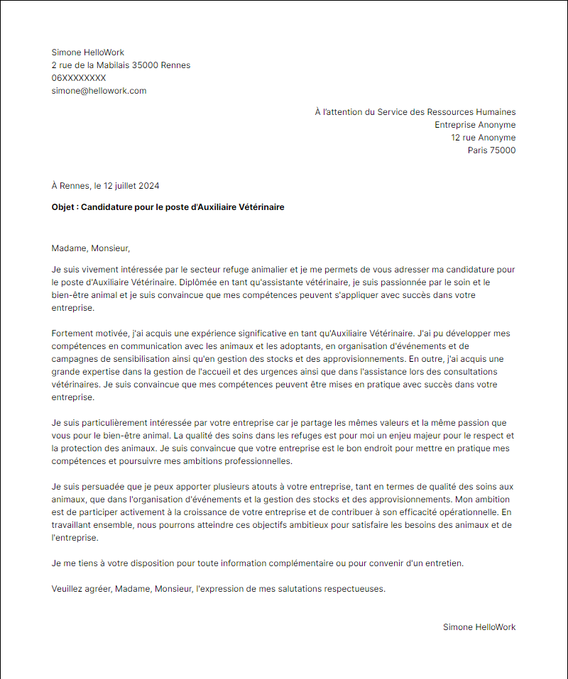 Exemple lettre de motivation pour le secteur Refuge Animalier
