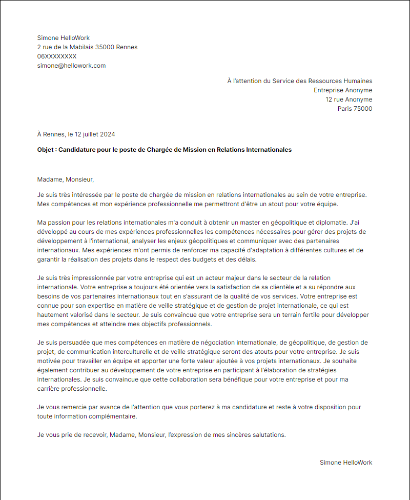 Modèle lettre de motivation pour le secteur Relations internationales Exemple lettre de motivation pour le secteur Relations internationales