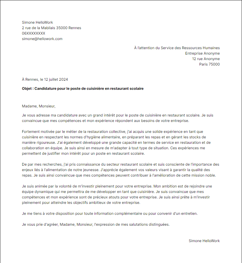 Modèle lettre de motivation pour le secteur Restaurant Scolaire Exemple lettre de motivation pour le secteur Restaurant Scolaire