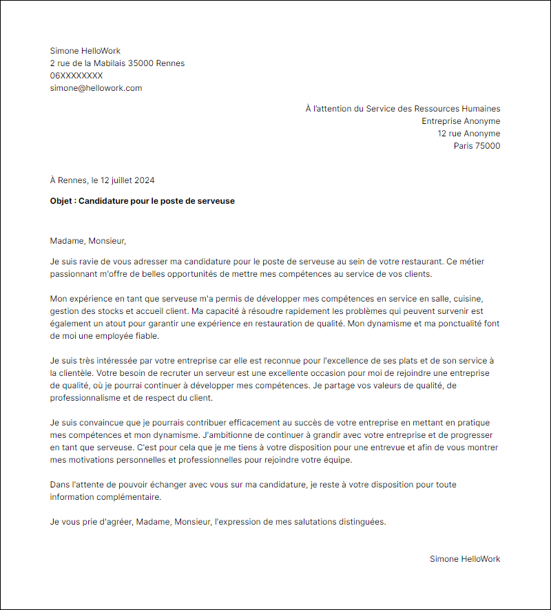Modèle lettre de motivation pour le secteur Restaurant Exemple lettre de motivation pour le secteur Restaurant