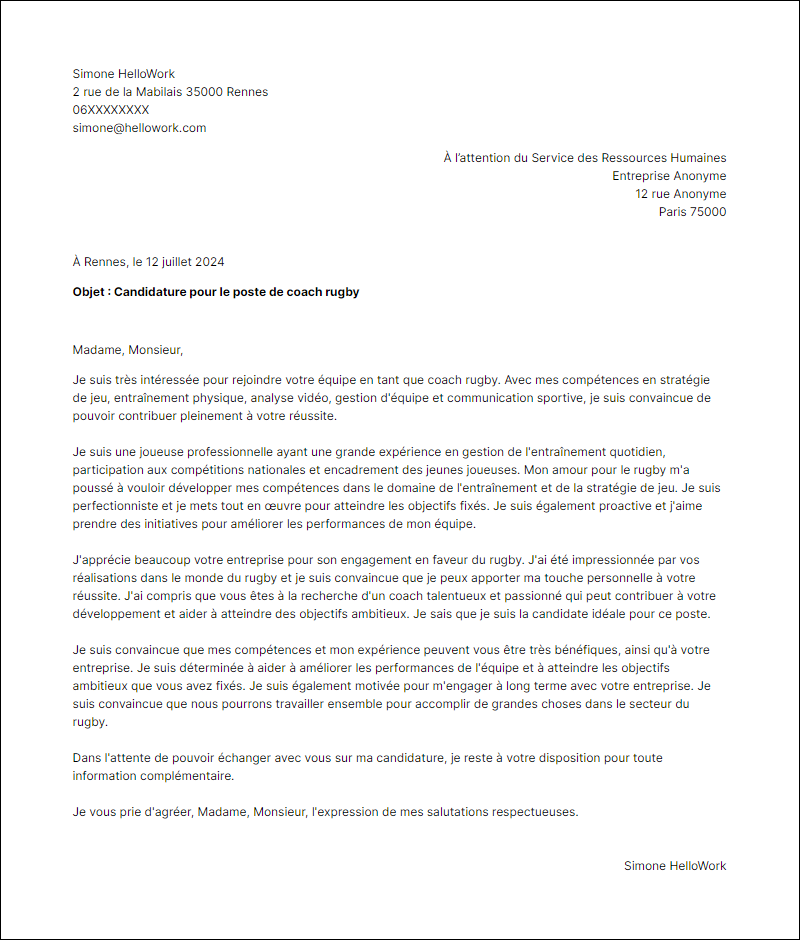 Exemple lettre de motivation pour le secteur Rugby