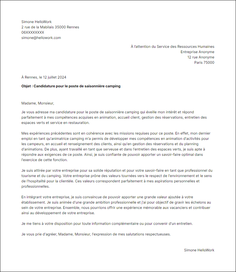 Modèle lettre de motivation en tant que Saisonnier camping Exemple lettre de motivation en tant que Saisonnier camping