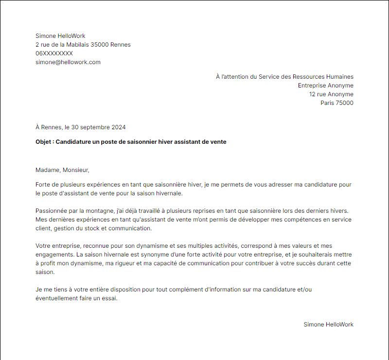 Modèle lettre de motivation Saisonnier Hiver Exemple lettre de motivation Saisonnier Hiver