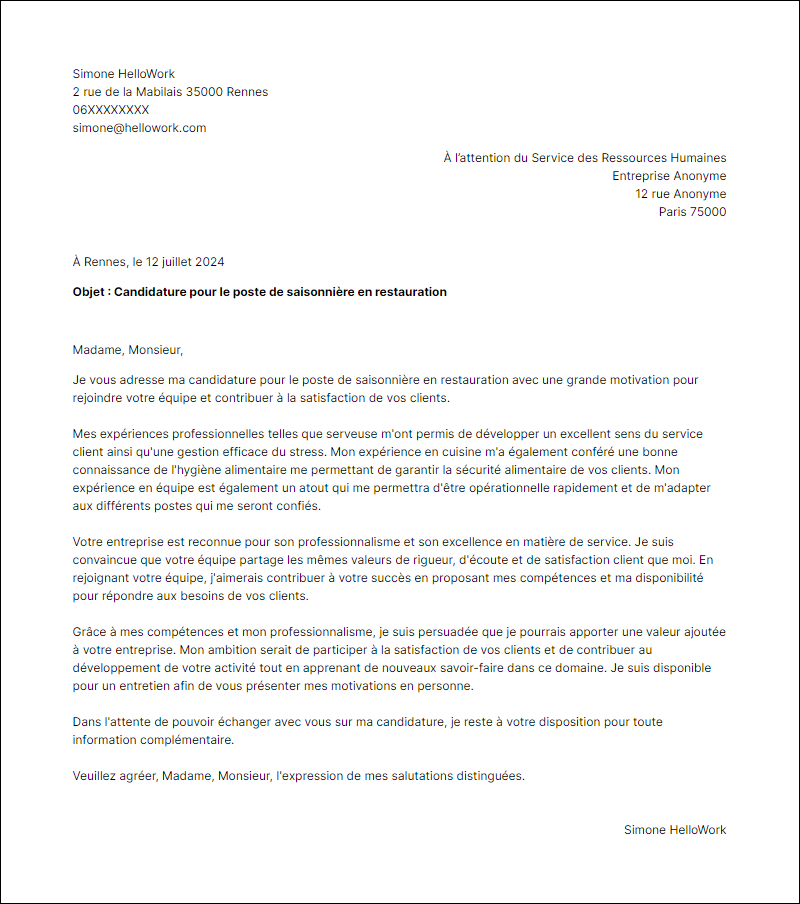 Modèle lettre de motivation en tant que Saisonnier restauration Exemple lettre de motivation en tant que Saisonnier restauration