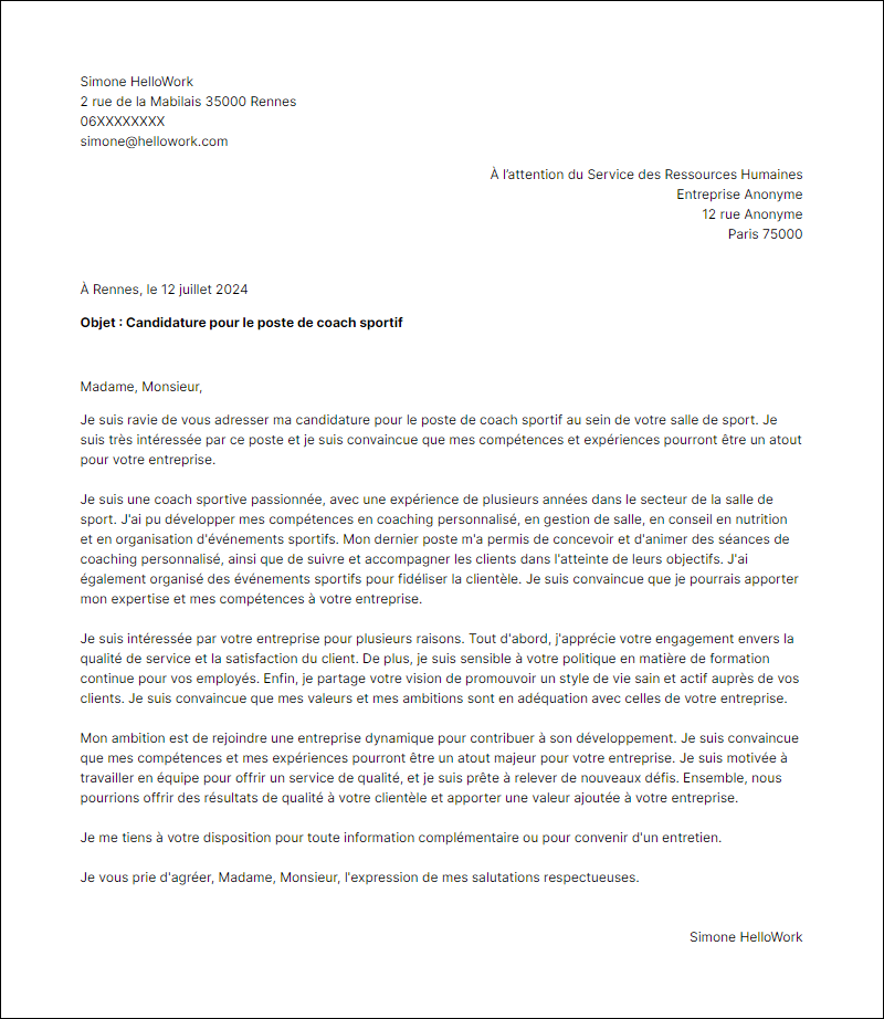 Modèle lettre de motivation pour le secteur Salle de sport Exemple lettre de motivation pour le secteur Salle de sport