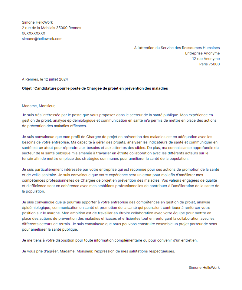 Modèle lettre de motivation pour le secteur Santé publique Exemple lettre de motivation pour le secteur Santé publique