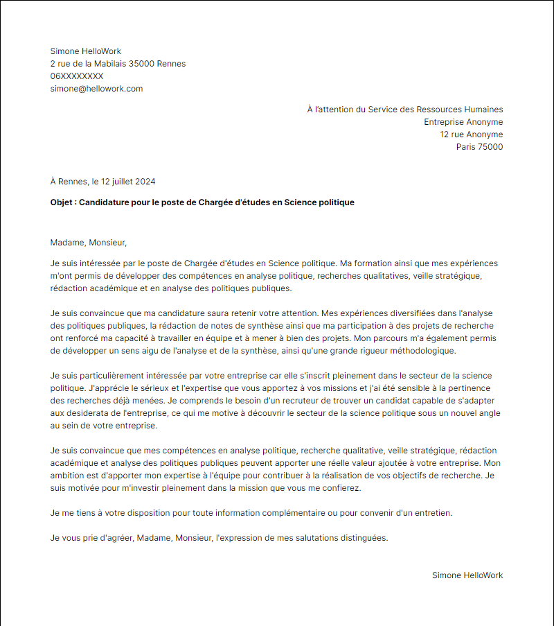 Modèle lettre de motivation pour le secteur Science politique Exemple lettre de motivation pour le secteur Science politique