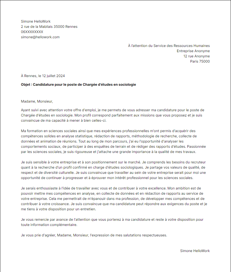Modèle lettre de motivation pour le secteur Sciences Sociales Exemple lettre de motivation pour le secteur Sciences Sociales