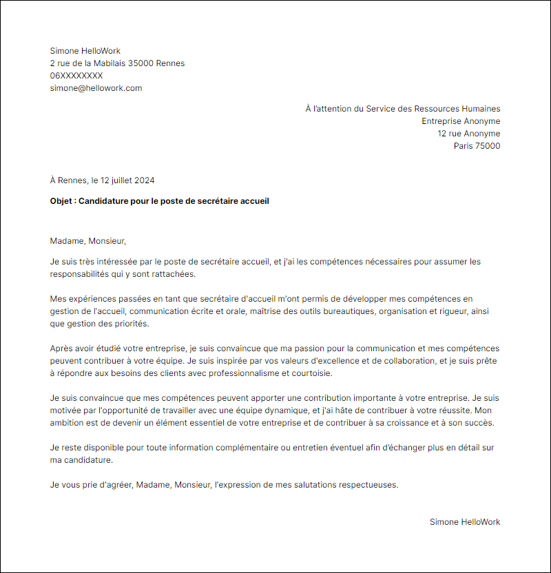 Modèle lettre de motivation en tant que Secretaire Accueil Exemple lettre de motivation en tant que Secretaire Accueil