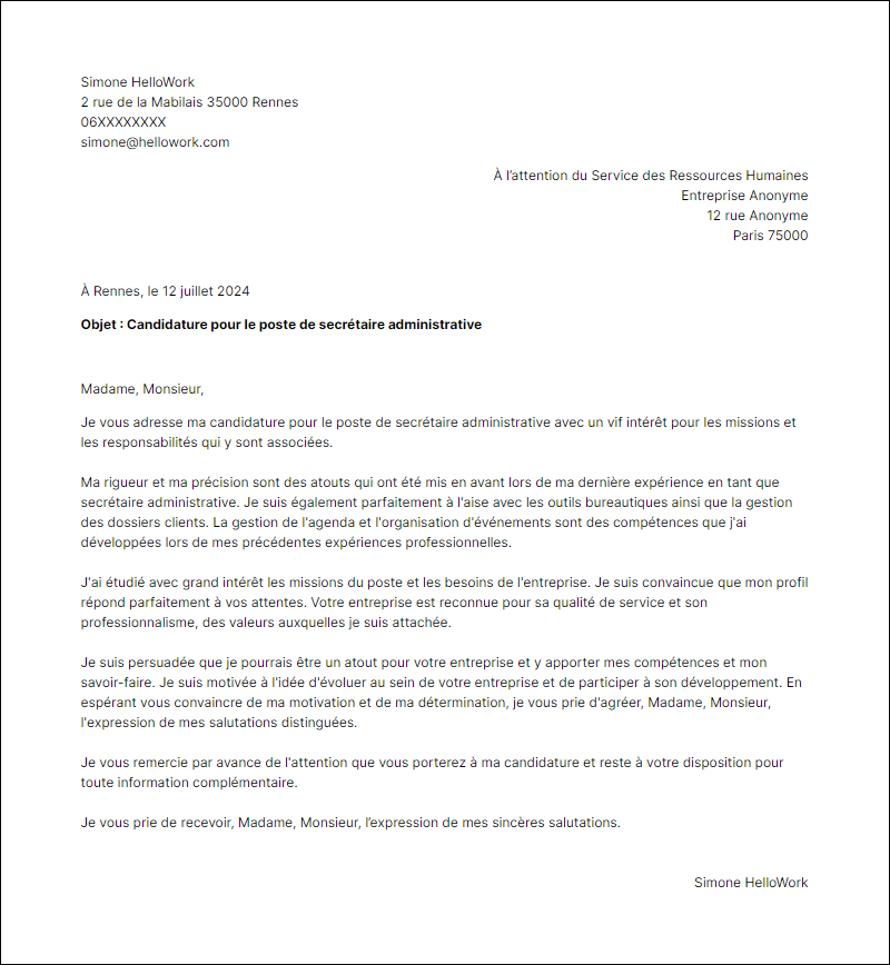 Modèle lettre de motivation en tant que Secretaire Administrative Exemple lettre de motivation en tant que Secretaire Administrative