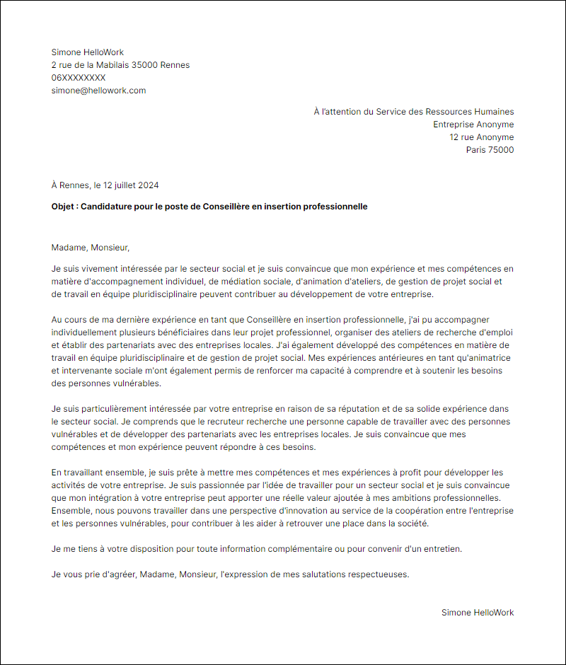 Exemple lettre de motivation pour le secteur Secteur Social