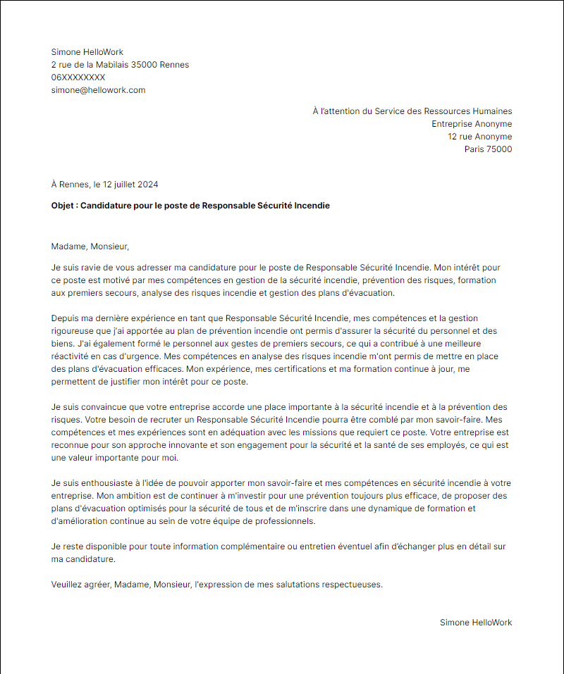 Modèle lettre de motivation pour le secteur Securite incendie Exemple lettre de motivation pour le secteur Securite incendie