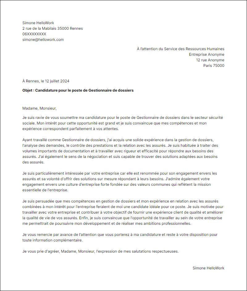 Exemple lettre de motivation pour le secteur Sécurité sociale