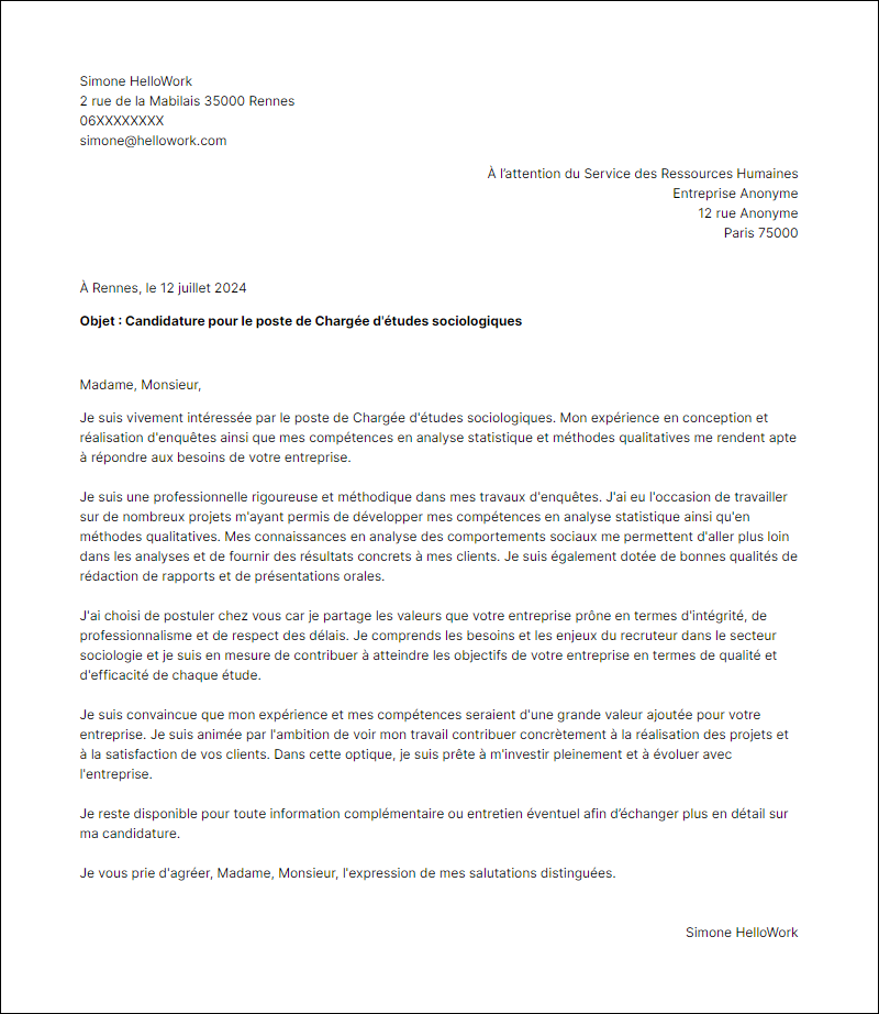 Modèle lettre de motivation pour le secteur Sociologie Exemple lettre de motivation pour le secteur Sociologie