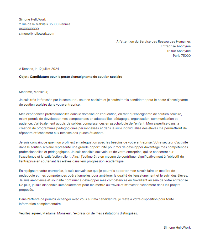 Exemple lettre de motivation pour le secteur Soutien scolaire