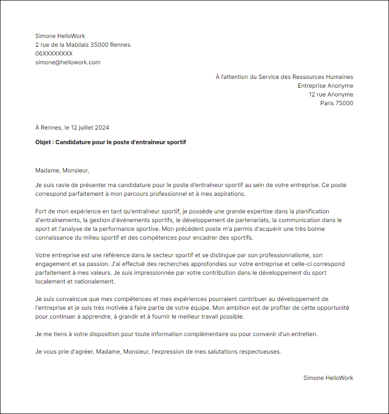 Modèle lettre de motivation pour le secteur Sport Exemple lettre de motivation pour le secteur Sport