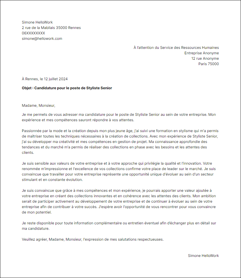 Exemple lettre de motivation pour le secteur Stylisme