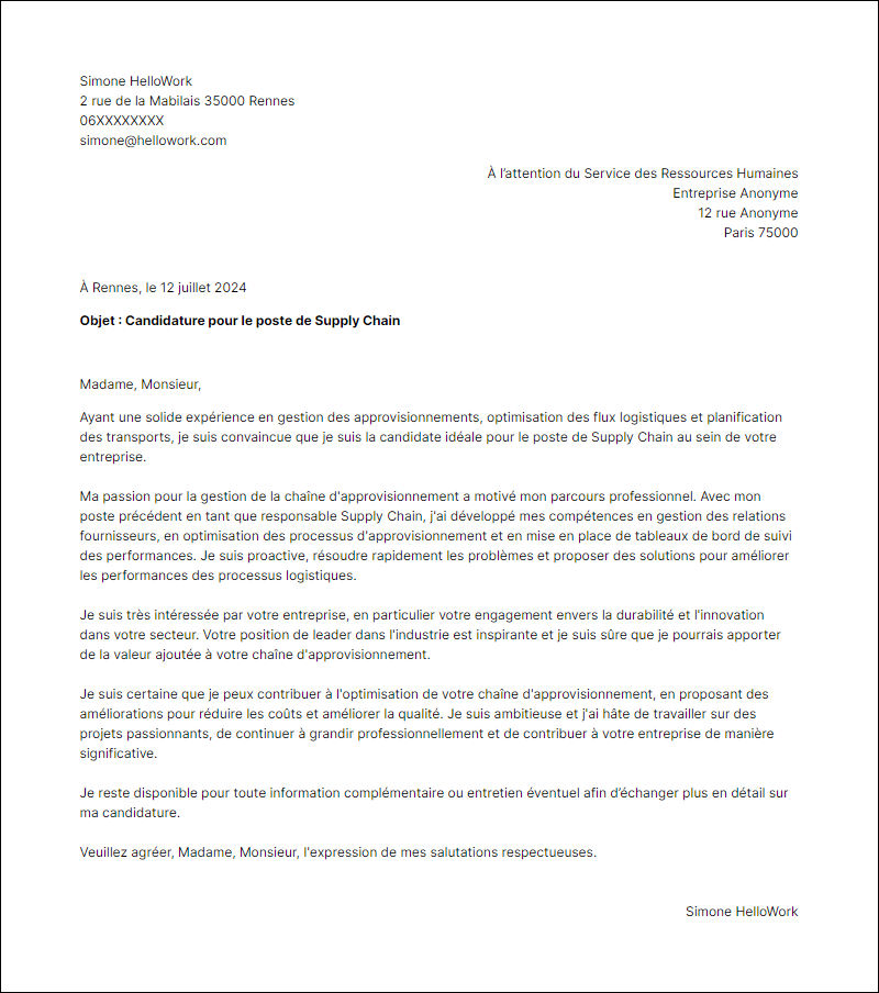 Modèle lettre de motivation en tant que Supply chain Exemple lettre de motivation en tant que Supply chain