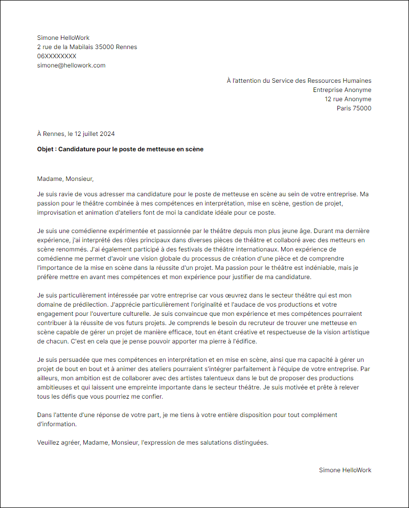Modèle lettre de motivation pour le secteur Théâtre Exemple lettre de motivation pour le secteur Théâtre